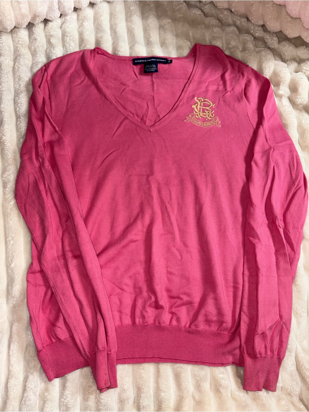 Ralph Lauren Pink V-Neck Sweater with Crest Embroidery
